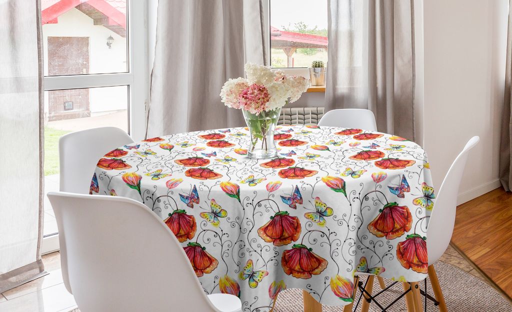 ABAKUHAUS Natur Runde Tischdecke, Gewirbelte Blumen Flamingo, Kreis Tischdecke Abdeckung für Esszimmer Küche Dekoration, 150 cm, Mehrfarbig