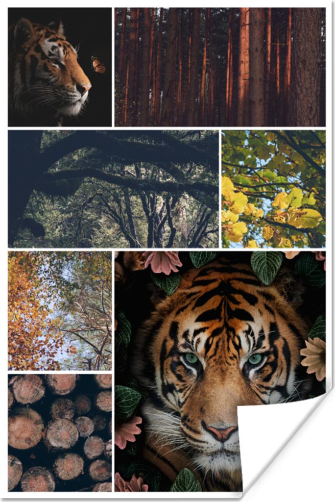 MuchoWow Poster Tiger - Collage - Bäume - Blumen 120x180 cm - Kunstposter