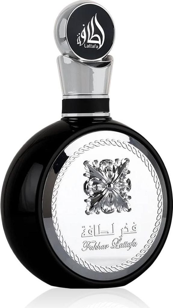 A black and silver perfume bottle with ornate detailing.
