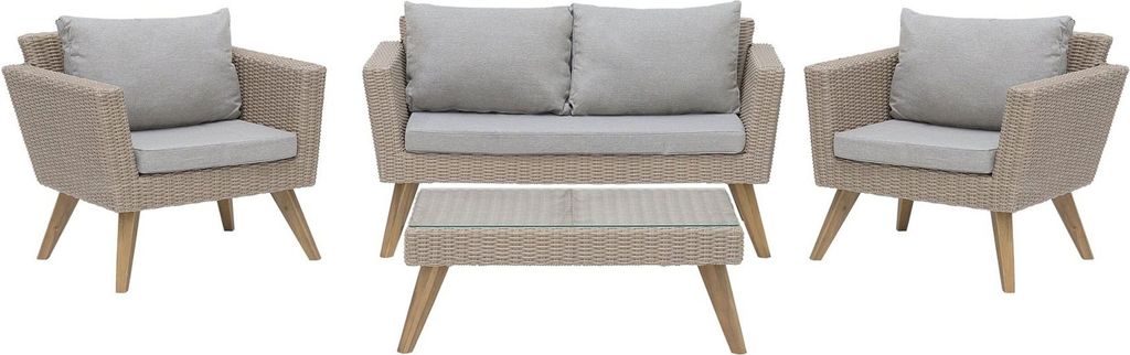 BELIANI Gartenmöbel Set Braun und Grau Rattan Sicherheitsglas Textil inkl. Kissen 4-Sitzer Terrasse Outdoor Modern