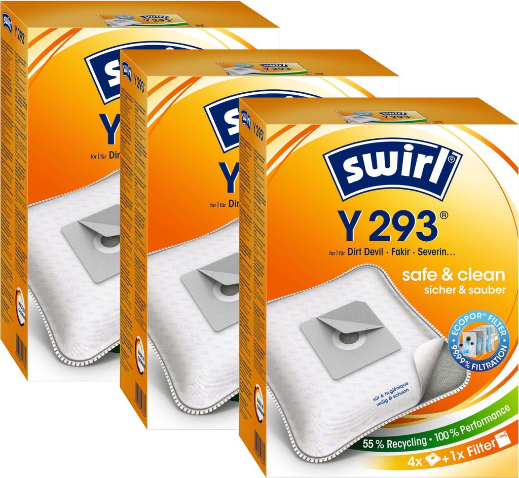 Three boxes of Swirl Y 293 vacuum cleaner bags are arranged in a staggered formation.