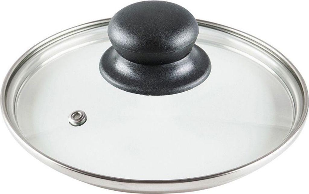 A glass lid with a black handle and a silver rim, shown from a top-down perspective against a white background.