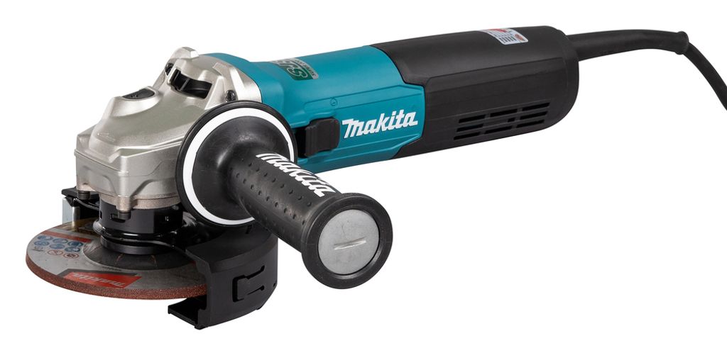 A Makita angle grinder is shown against a white background.