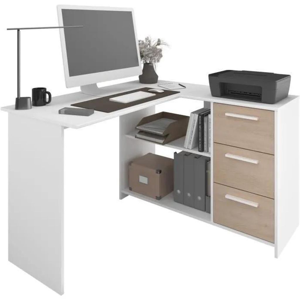 Bureau d'angle à 3 tiroirs - ESSENTIEL - Blanc/décor chêne Image du produit 