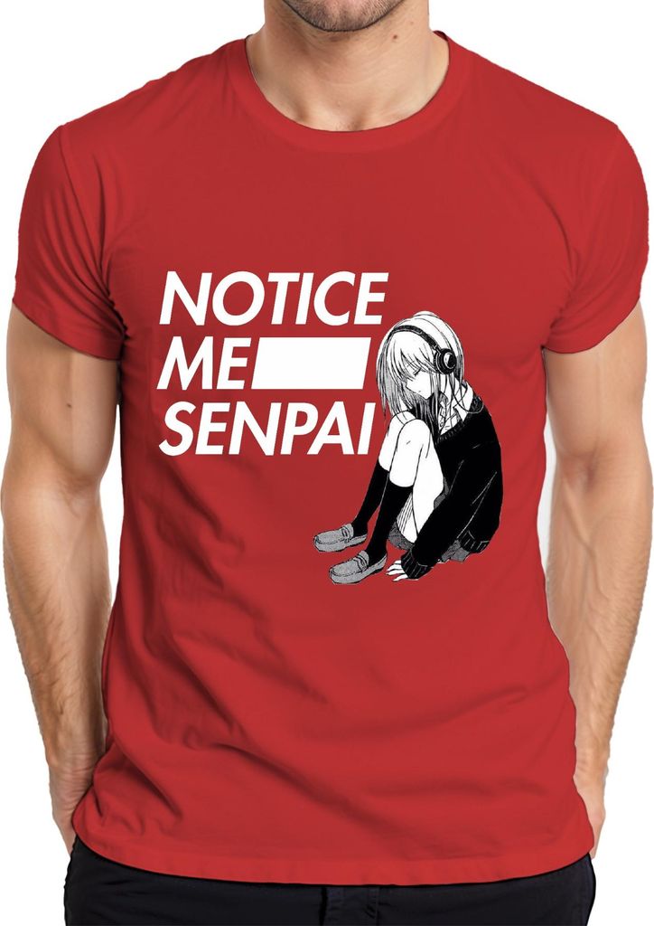 NOTICE ME SENPAI Anime Manga Mädchen Kopfhörer Kawaii Otaku Japan Herren T-Shirt, Rot, XL