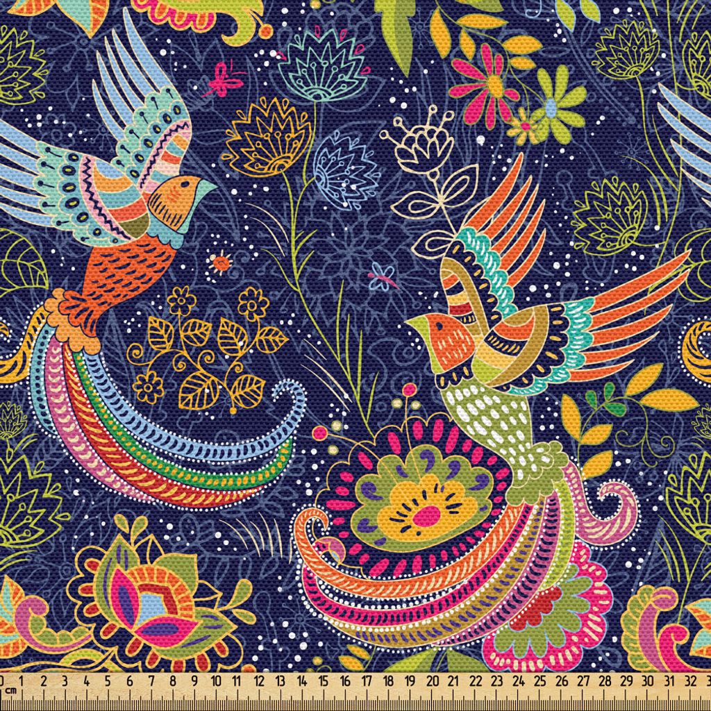 ABAKUHAUS asiatisch Gewebe als Meterware, Cartoon-Art-abstrakte Vögel mit Blumengesteck-traditionellen Polka-Punkt-Laub, 10 M (148 x 1000 cm), Meh...