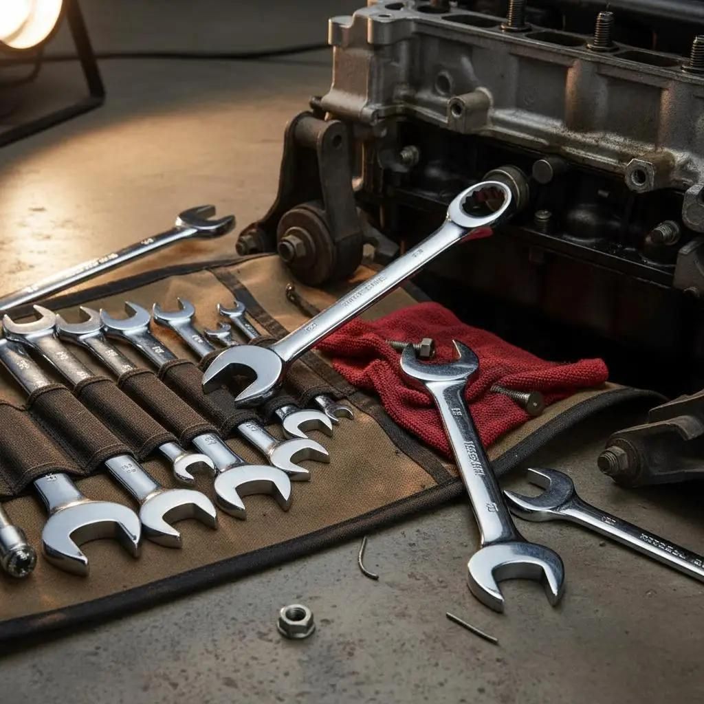 Ringschlüssel Set - 32-teilig - SAE und metrisch - 12-kant Ringseite - 15° Maulseite - Werkzeugrolle aus Stoff - Armeegrün