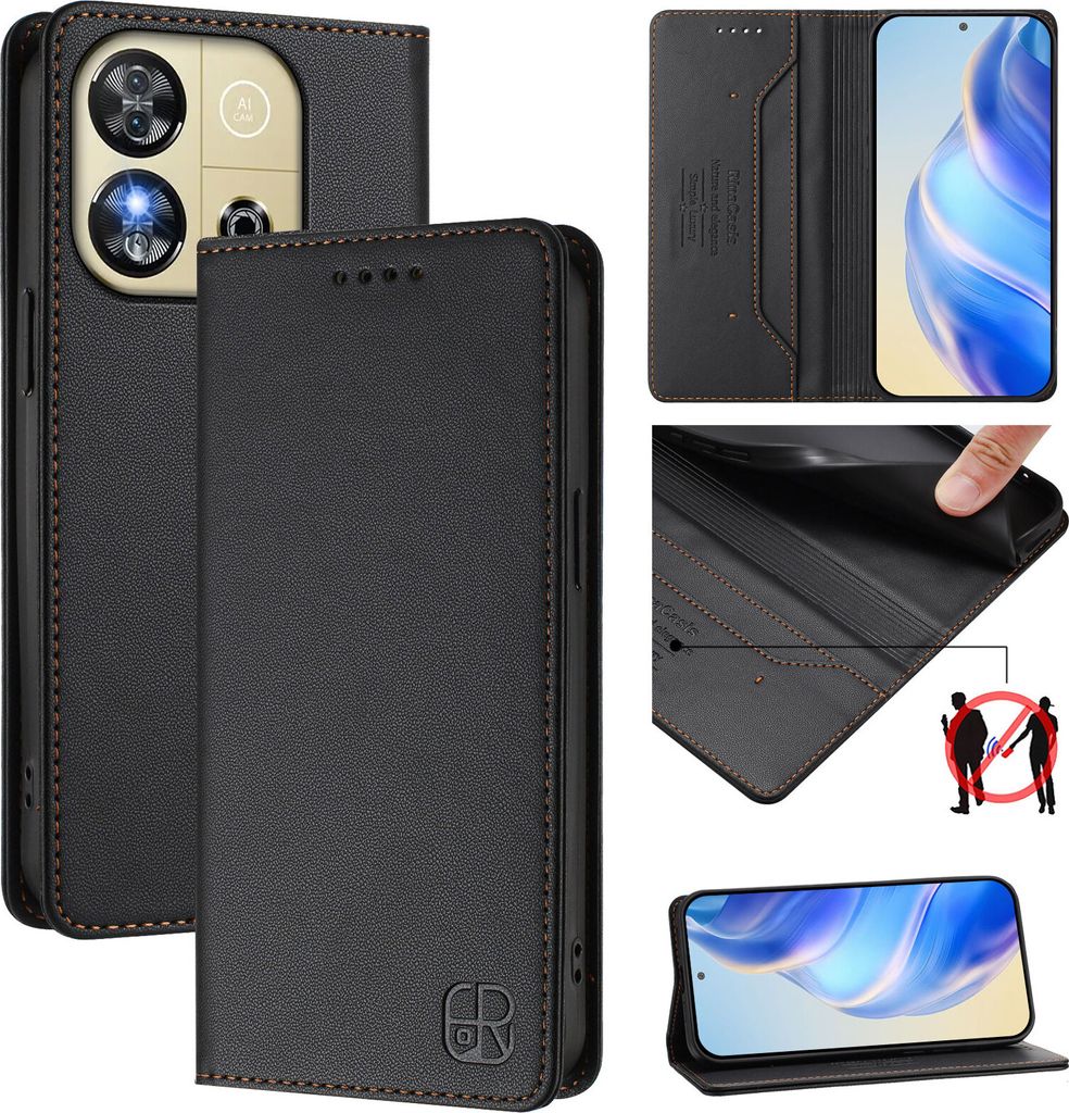 Lederhülle für Oukitel C57S / C57 Pro Hülle Flip Brieftasche Kartenfächern Ständer Schutzhülle Schwarz