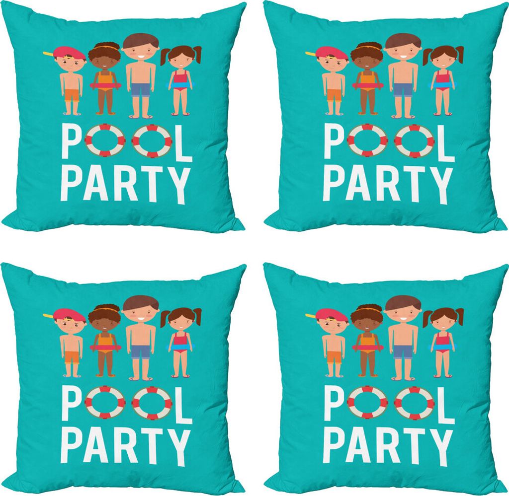 ABAKUHAUS Pool-Party Kissenbezug Set (4 Stück), Happy Children Swimsuits, Moderner Doppelseitiger Digitaldruck, 40 cm x 40 cm, Dunkle Seafoam Mult...