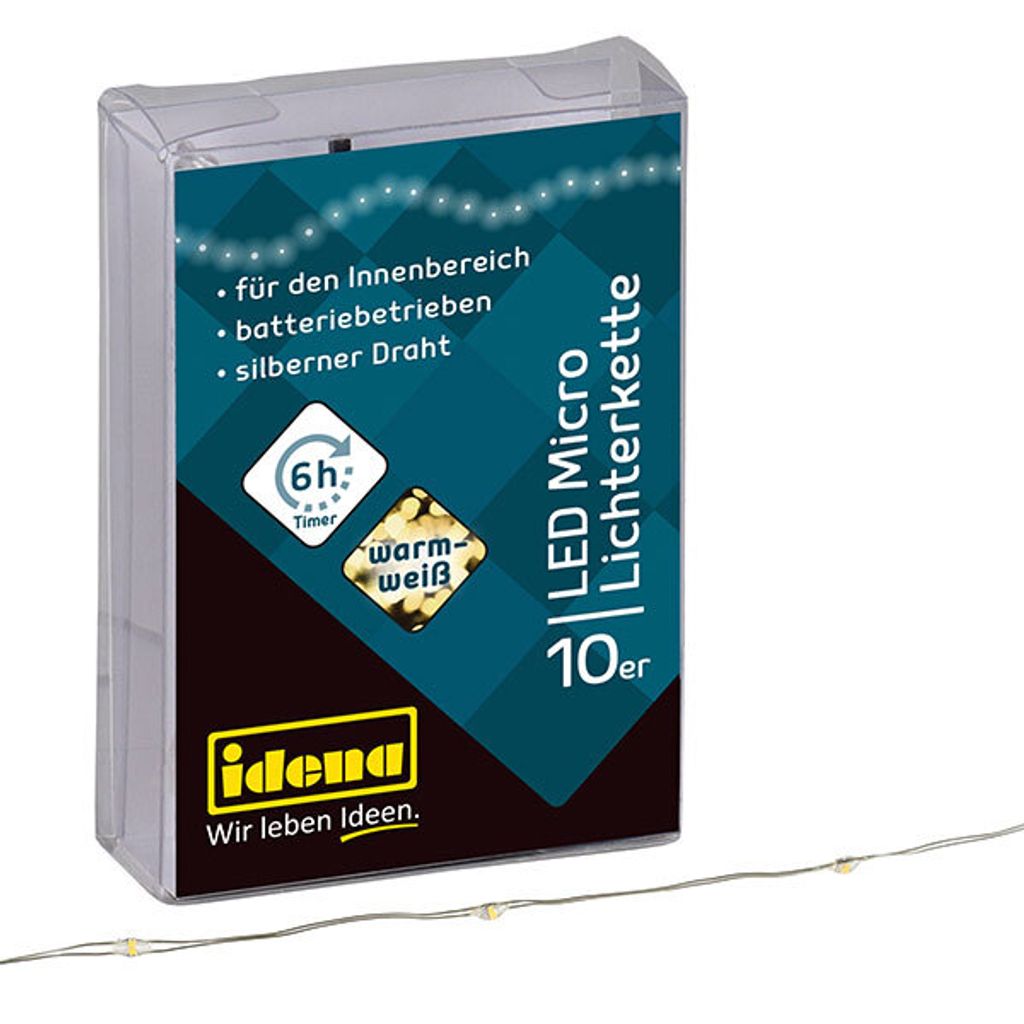 The image shows the packaging of LED micro fairy lights, with a string of lights extending out from the bottom.