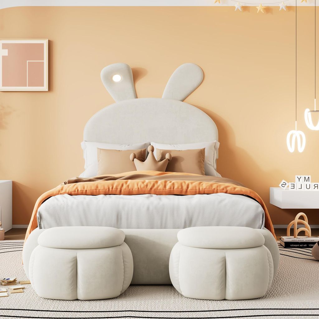 Lit douillet rembourré avec oreilles de lapin et lumière Image du produit 