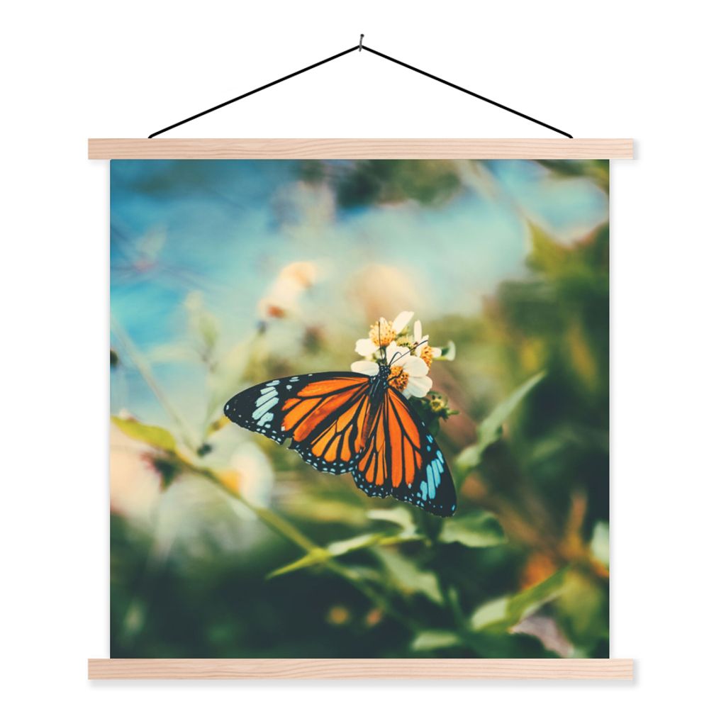 MuchoWow Textilposter Schmetterling - Blumen - Garten 60x60 cm mit holzfarbenen Rahmen - Wanddekoration