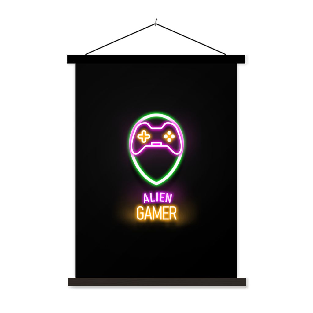 MuchoWow Textilposter Gaming - Zitate - Neon - Alien-Gamer - Controller 60x80 cm mit schwarzem Rahmen - Plakathalter