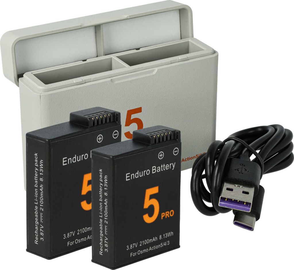 vhbw Ladezubehör-Set kompatibel mit DJI Osmo Action 3, Osmo Action 4, Osmo Action 5, Osmo Action 5 Pro Kamera - 2x Akku, 1x Ladeschale mit USB-Kabel