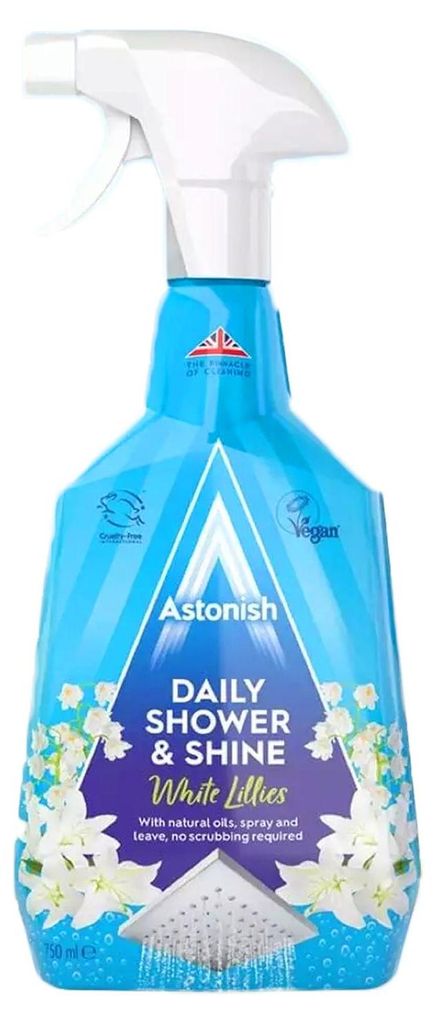 A bottle of Astonish Daily Shower & Shine cleaner with White Lilies scent.