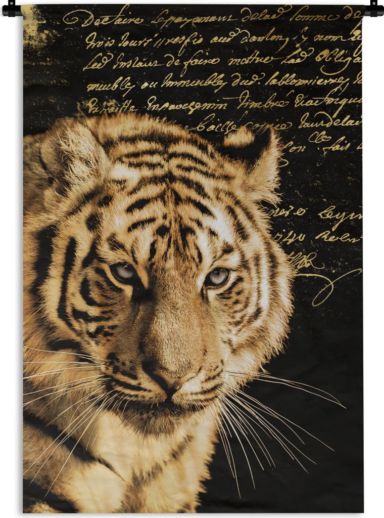 MuchoWow Wandteppich Wandbehang Tiger - Text - Gold 120x180 cm Tapisserie Dekoration Wandtuch - Schlafzimmer - Dekorationen für das Haus