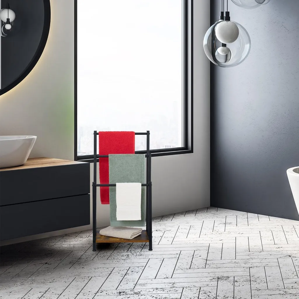 Offerta Portasciugamani da Terra 3 Barre + Ripiano Effetto Legno Bagno