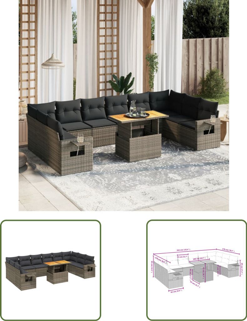 The Living Store 11-tlg. Garten-Sofagarnitur mit Kissen Grau Poly Rattan