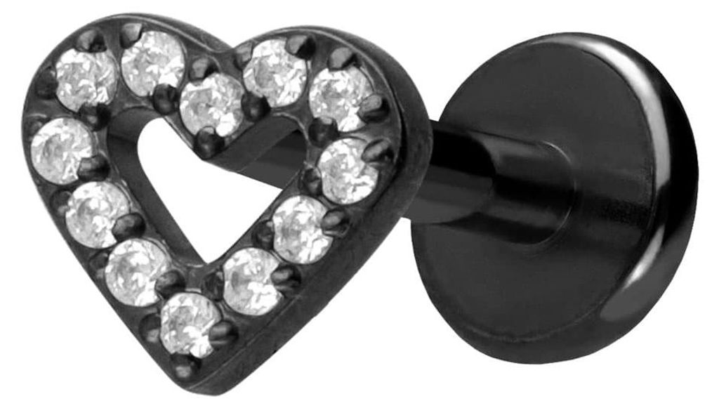 Ohrpiercing, Nasenpiercing Titan Labret mit Push Fit KRISTALLHERZ Schwarz Stablänge: 8mm | Stabstärke: 1,2mm