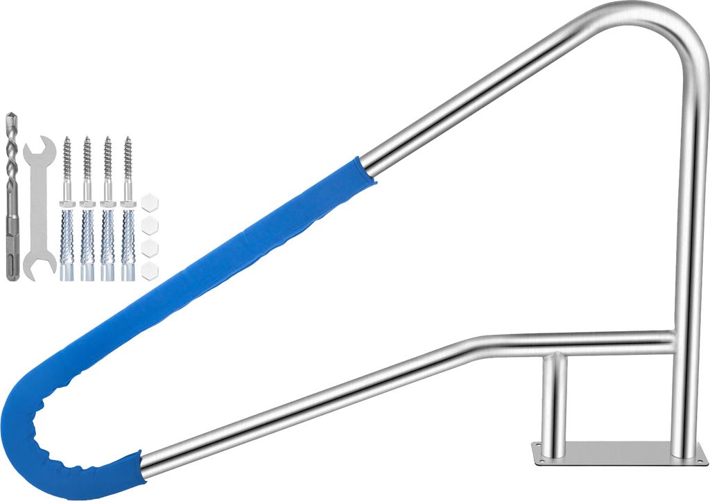 SucceBuy Pool Schiene 55x32" 304 Edelstahl 250LBS Tragfähigkeit Silber rostfrei Handlauf mit blauem Griff Abdeckung & M8 Bohrer