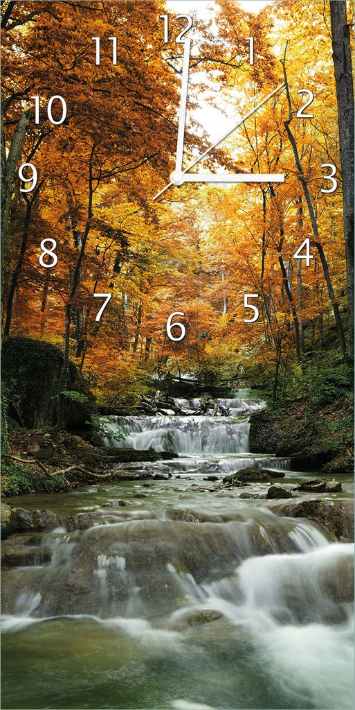 Wallario Design Wanduhr bedruckt, Größe 30 x 60 cm, Motiv: Kleiner Bach über Steine im Herbstwald