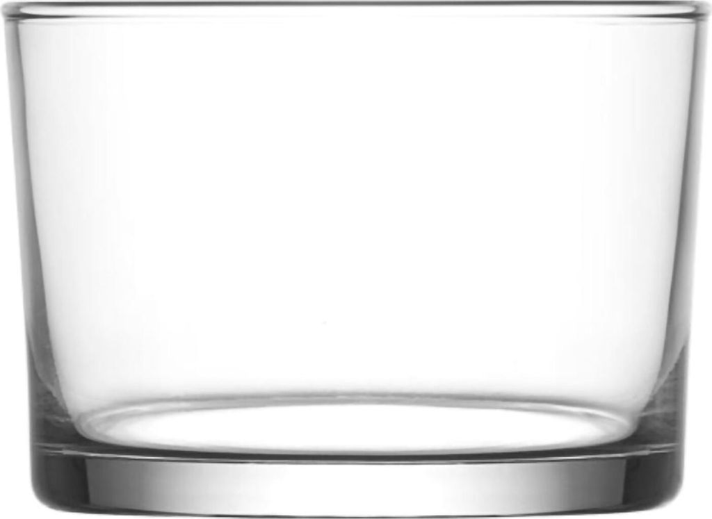 A clear glass tumbler on a white background.