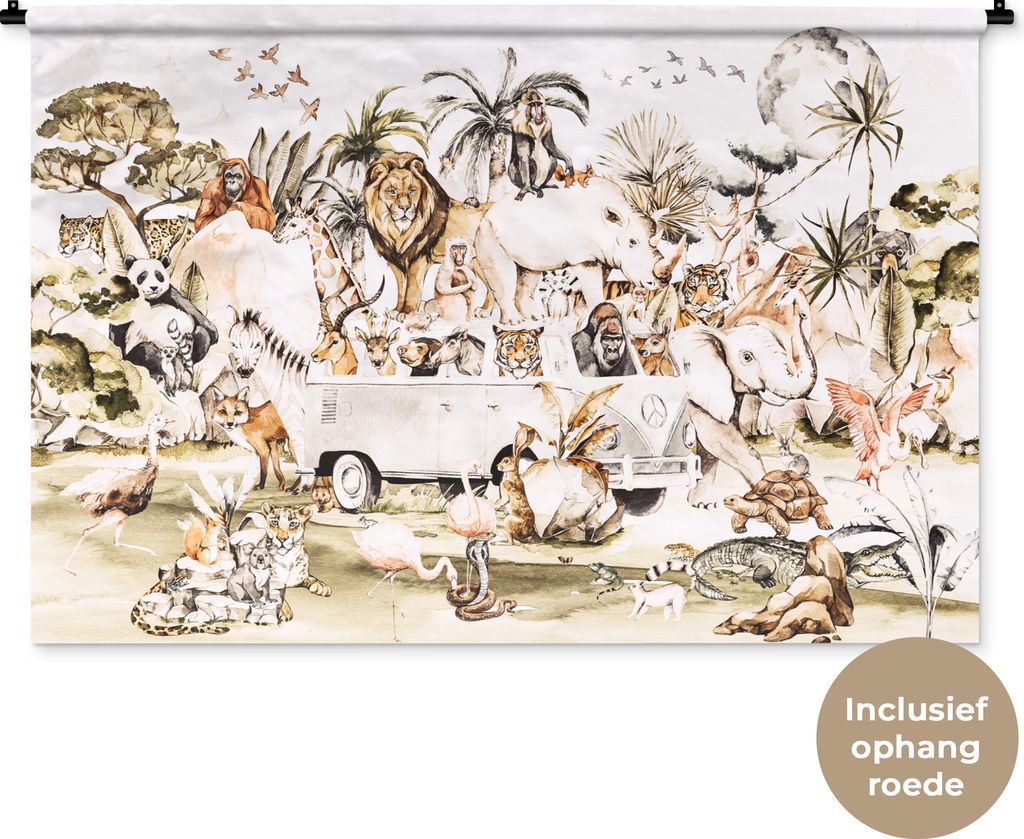 MuchoWow Wandteppich Wandbehang Bus - Tiere - Kinder - Jungen - Mädchen - Palme 150x100 cm Tapisserie Dekoration Wandtuch - Waschbar - Tapisseri...