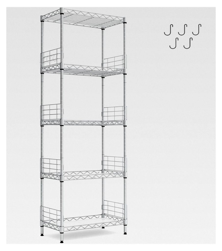 Standregal mit 5 Regalböden, Metallregal, Gitterregal in Schwarz mit abnehmbaren Haken für Keller, Wohnzimmer, Büro, bis 225 kg belastbar, 54 x ...