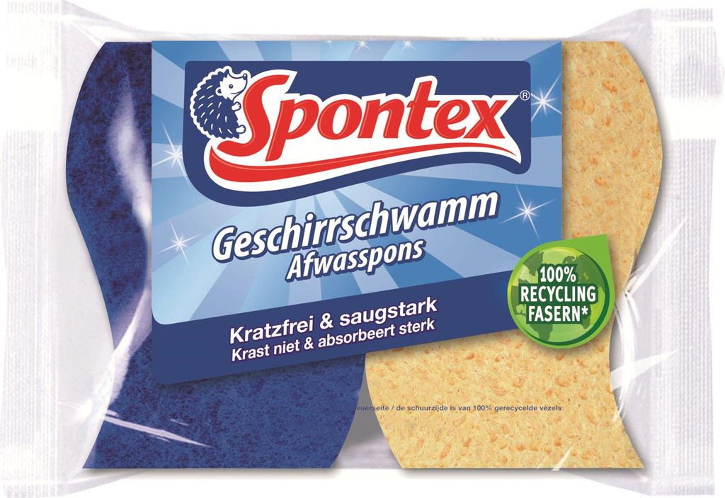 A package of two Spontex dishwashing sponges, one blue and one yellow, with branding and product information.