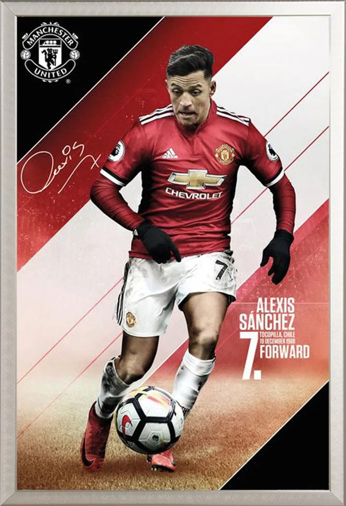 Calcio - Poster - Manchester United - Sanchez 17/18 + cornice rimovibile, Shinsuke® Maxi alluminio argento, vetro acrilico