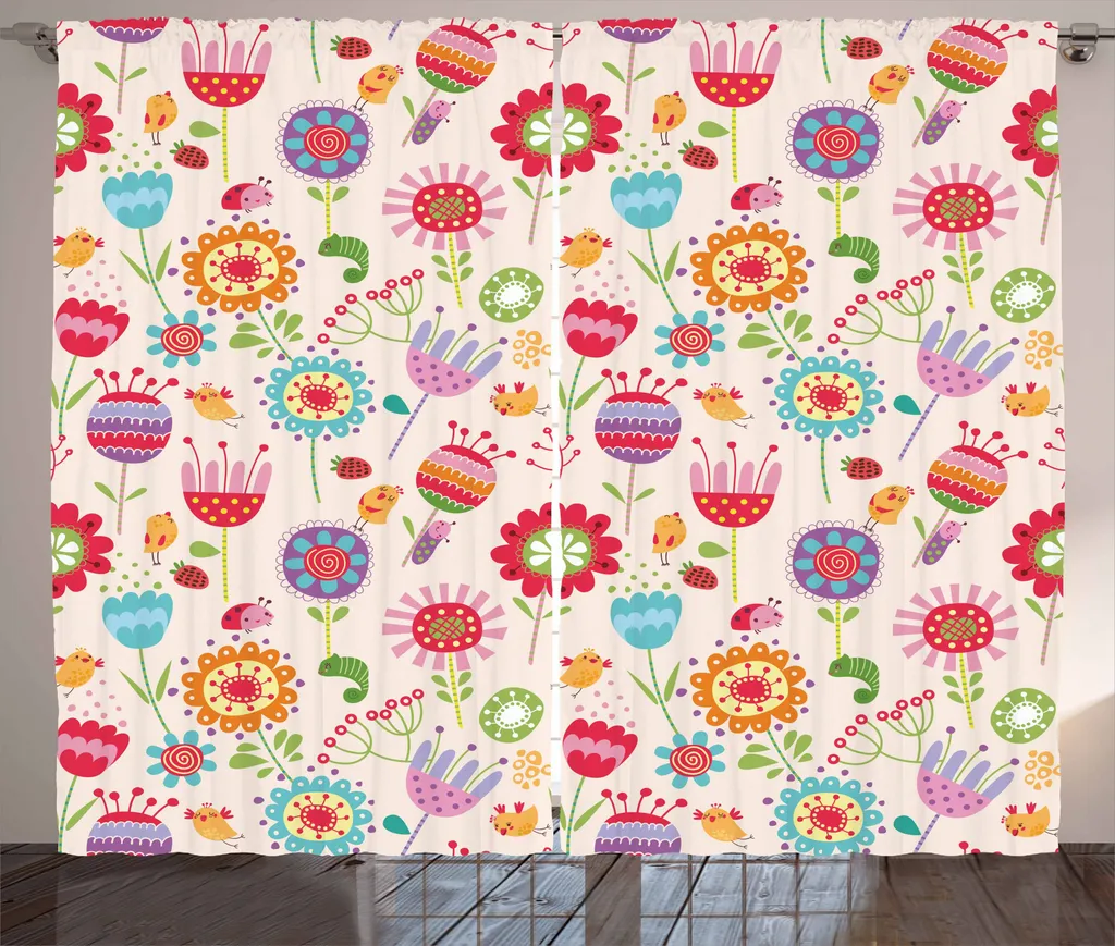 ABAKUHAUS Fiori Tenda rustica, Coccinella Strawberry Uccellino, Camera da letto Tenda con passanti e ganci, 280 x 175 cm, Multicolore