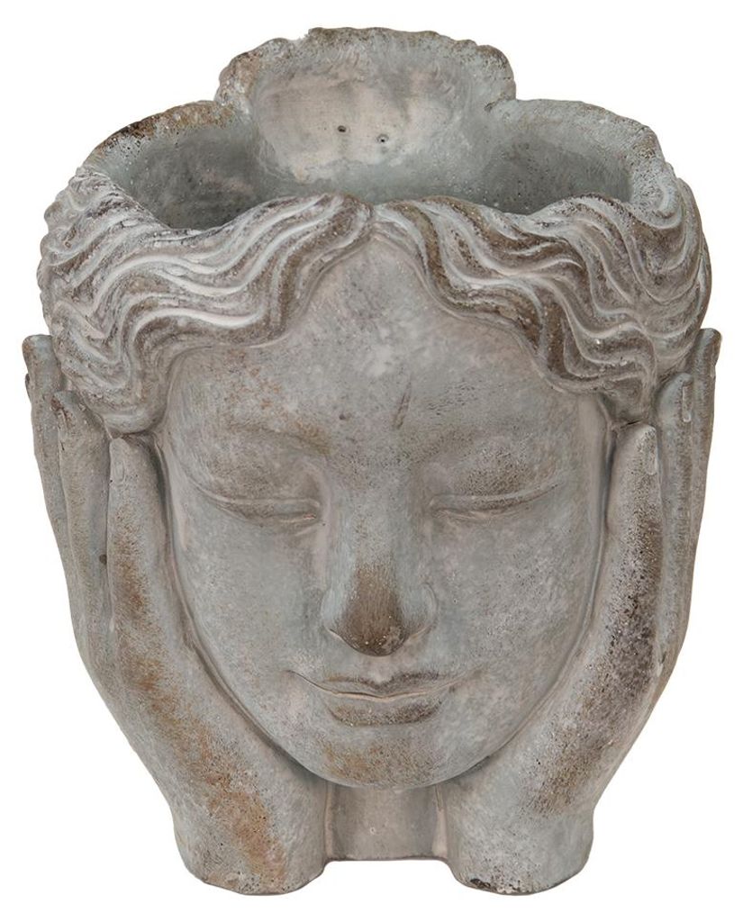 Clayre & Eef Blumentopf Kopf 14x16x17 cm Grau Stein Hände Produktbild 