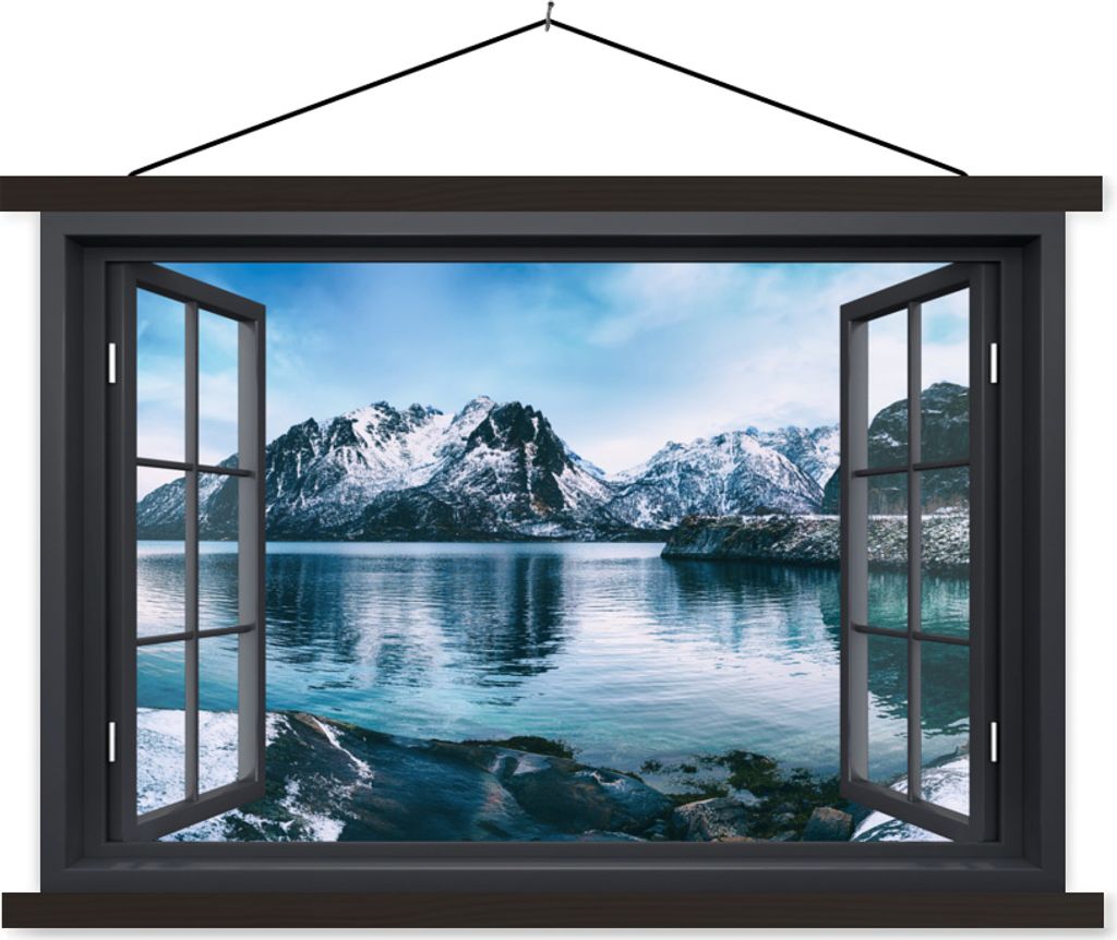 MuchoWow Textilposter Aussicht - Berg - Wasser 60x40 cm mit schwarzem Rahmen - Hölzernes