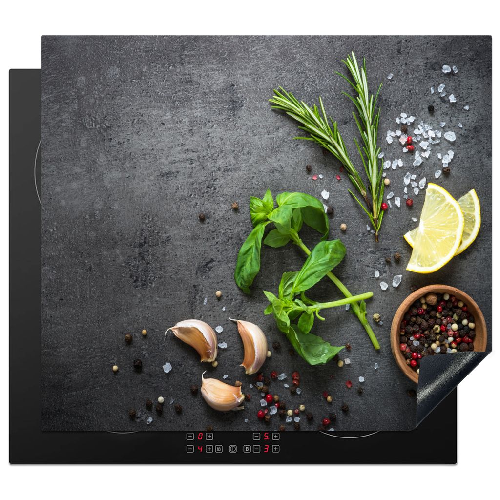 KitchenYeah Herdabdeckplatte Limette - Kräuter - Gewürze - Grün - Grau - Beton , 59x52cm, Küche Deko, Glaskeramikkochfeld Herdabdeckung, Abde...