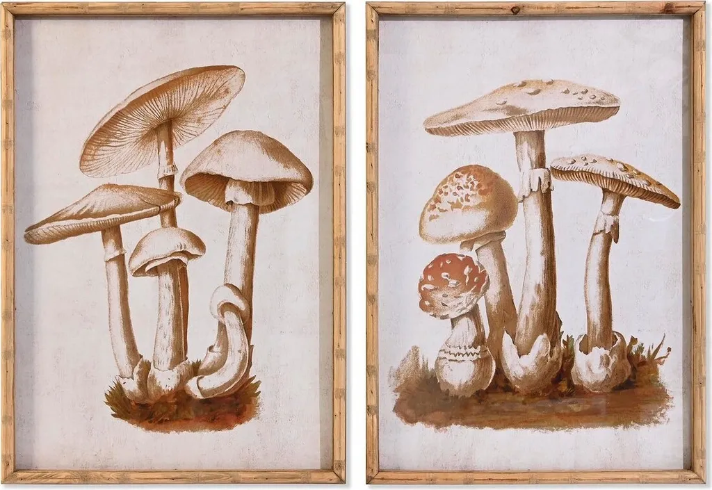 Set de 2 Décorations Murales sous Verre Champignons 50x70 cm pour Salon