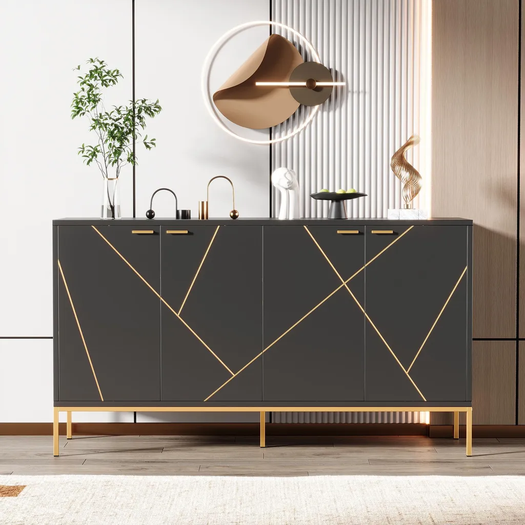 Meuble TV 150cm et buffet de salon noir et or pour rangement multimédia