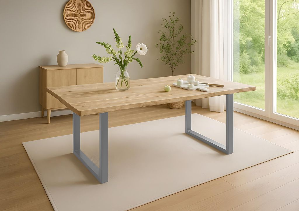 Esstisch Baumkante 180 x 90 cm Akazie massiv Natur lackiert U-Gestell silber HARLEY