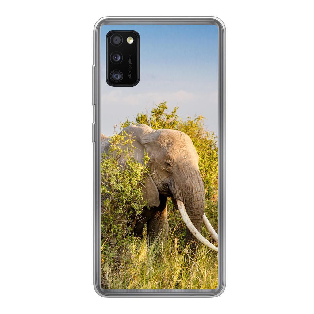 MuchoWow Handyhülle Schutzhülle Hülle für Samsung Galaxy A41 Elefant - Tiere - Gras - Grün - Berg Silikon Softcase Handy Hülle - Mobiltelefon