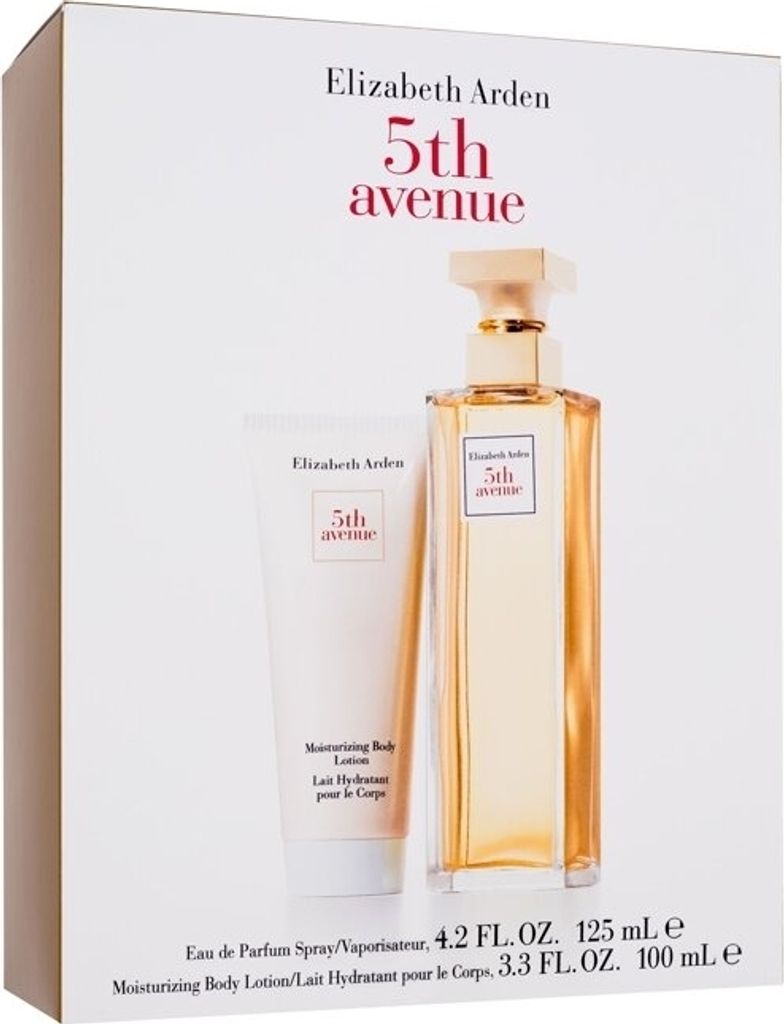 A gift set of Elizabeth Arden 5th Avenue perfume and body lotion, presented in its original packaging.