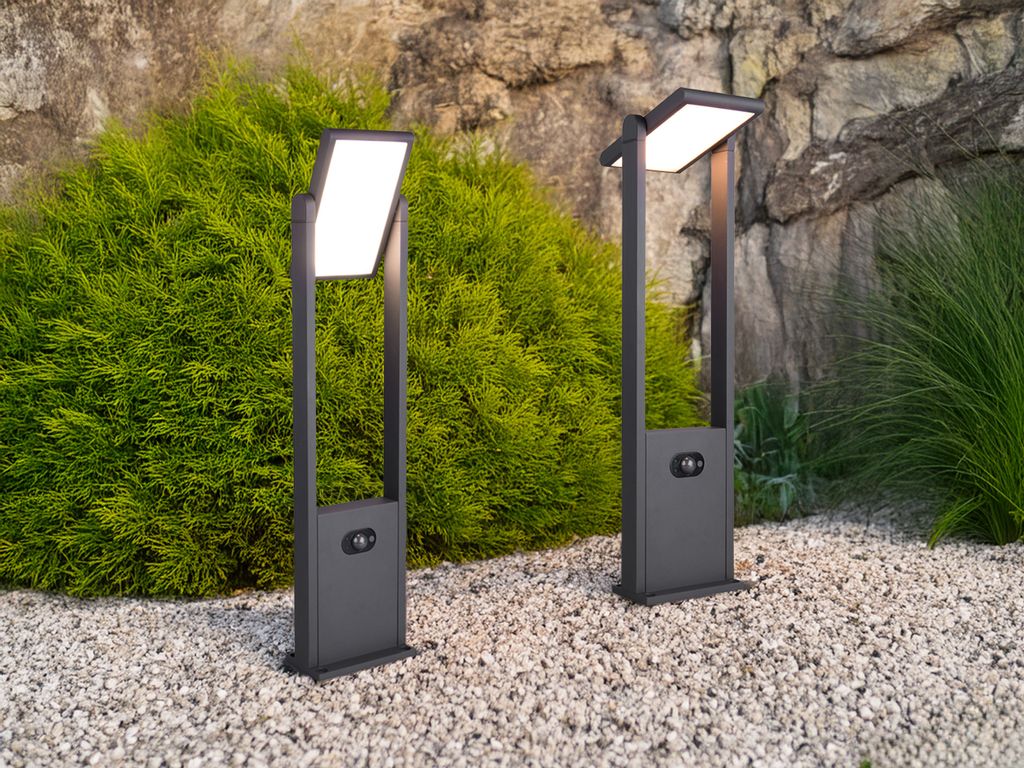 2er SET schwenkbare Hybrid Sockelleuchten mit Strom, Solar und Bewegungsmelder