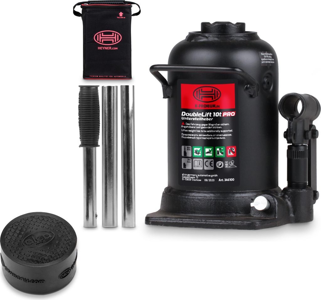 HEYNER Autoheber Set 10t I hydraulischer Wagenheber mit Gummiauflage I 2-stufiger Unterstellheber für SUV Transporter I Bundle mit alca Anti-R...