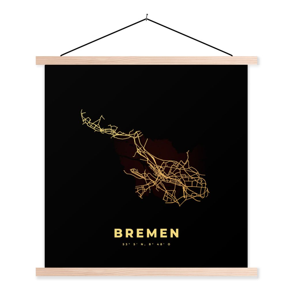 MuchoWow Textilposter Bremen - Gold - Stadtplan - Karte 40x40 cm mit holzfarbenen Rahmen - Posterleiste
