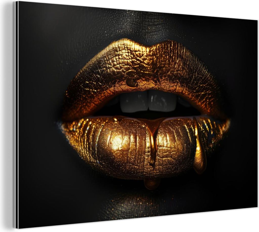 MuchoWow Wanddekoration Metall Metallbild Wandkunst 60x40 cm Lippen - Gold - Abstrakt - Schwarz - Ästhetisch MuchoWow Aluminium Gemälde - Gemälder