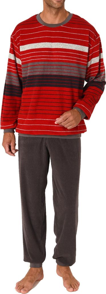 Herren Frottee Schlafanzug Pyjama langarm mit Bündchen in Streifen-Look ; rot , 50