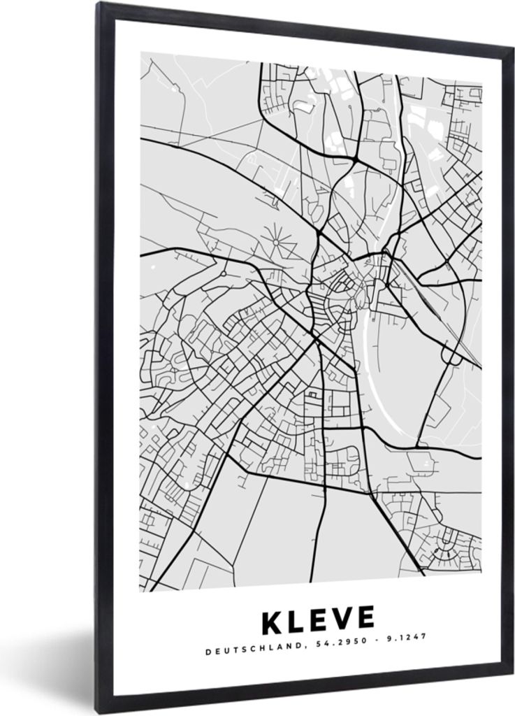 MuchoWow Gerahmtes Poster Deutschland - Kleve - Karte - Stadtplan - Wegbeschreibung 40x60 cm - Poster mit Schwarzem Bilderrahmen Wandposter Rahme...