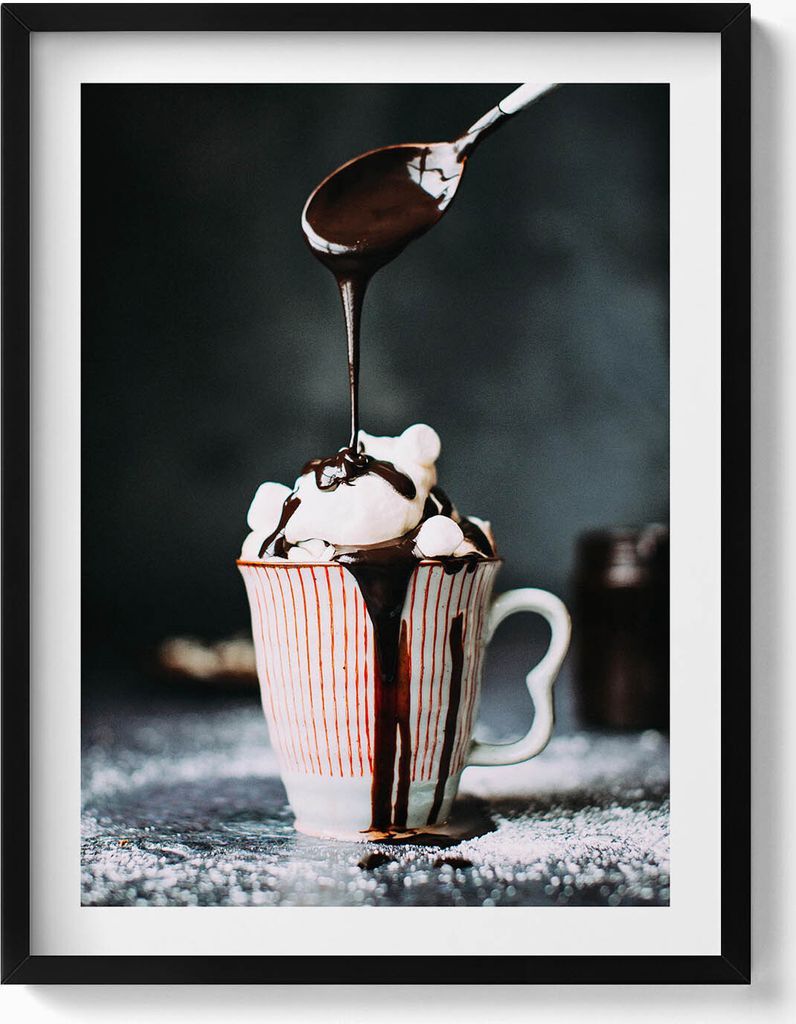 Heiße Schokolade als Thema für die Küche– Wandbild mit Rahmen – Gerahmtes Bild – Wanddekoration – 60x80 cm – Schwarz Rahmen