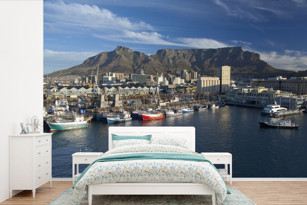 MuchoWow Fototapete für Wohnzimmer oder Schlafzimmer Wandtapete Vinyl Motivtapete Der schöne Hafen von Kapstadt und der Tafelberg im Hintergrun...