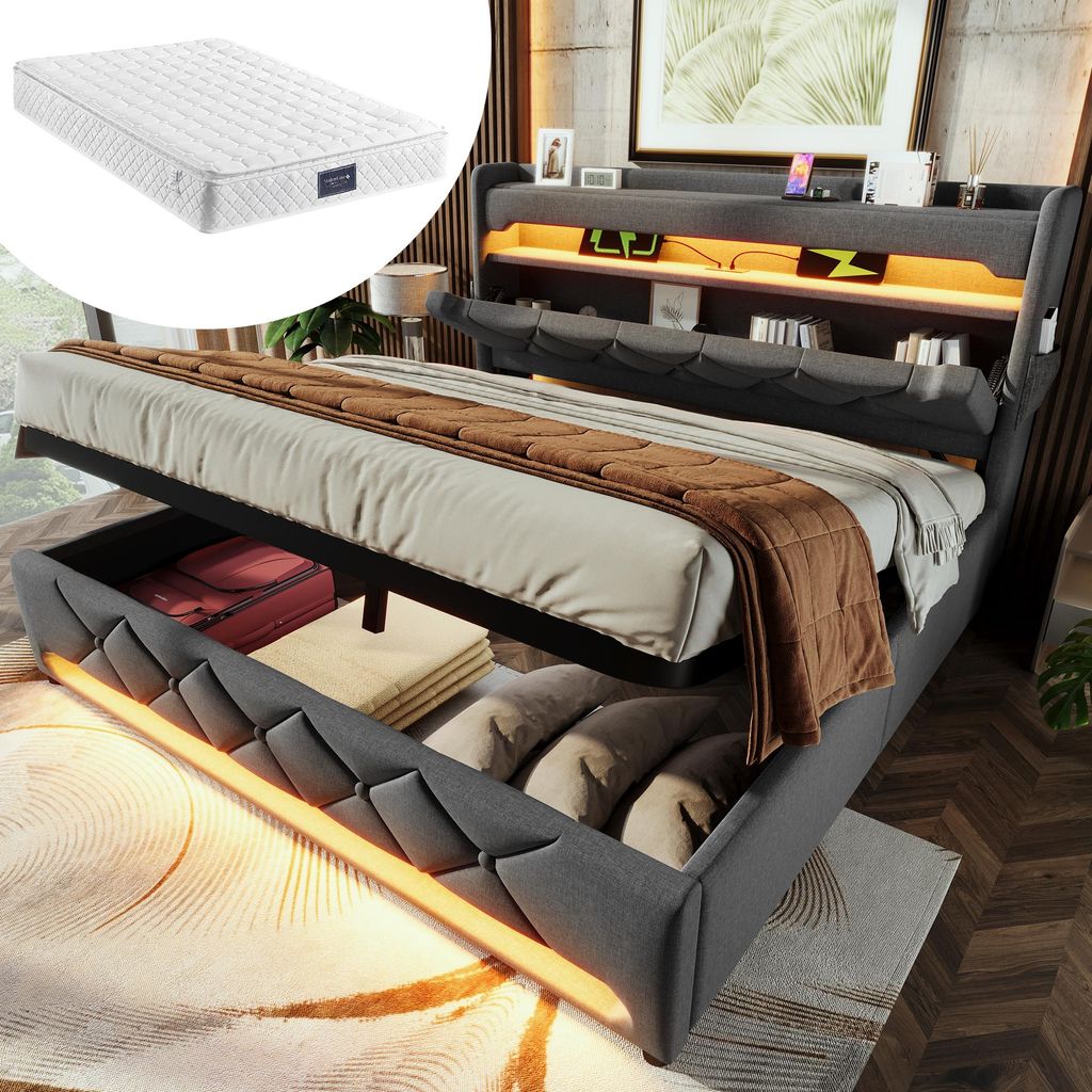 Polsterbett 140x200 cm mit 360° LED, USB & Matratze – Doppelbett in Grau, Leinen-Bezug, hydraulischer Stauraum, inklusive Matratze