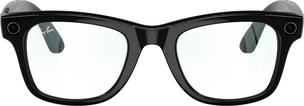 A front view of a pair of black Ray-Ban Meta Wayfarer smart glasses with clear lenses, set against a white background.