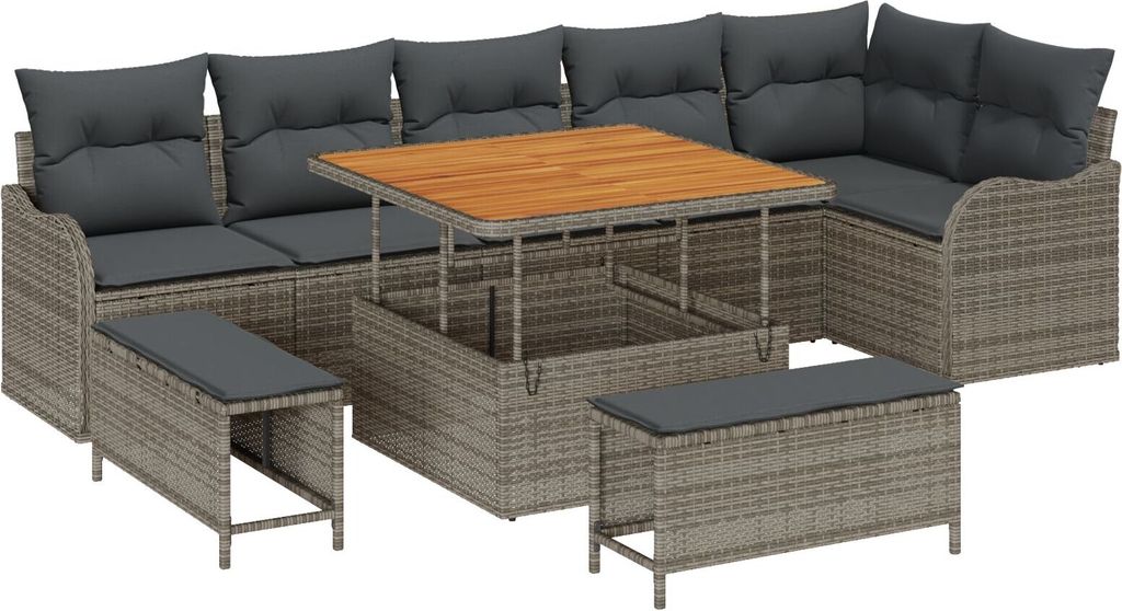 9-teiliges Garten Sofa Set mit Kissen Grau Poly Rattan Akazie, 2-Sitzer Garten Sofa mit Stauraum & Kissen Grau Poly Rattan, 3-teiliges Garten Essse...